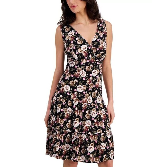 Connected Women's Printed V-Neck Sleeveless Tiered Dress, Taupe, Size 16 - Picture 4 of 4